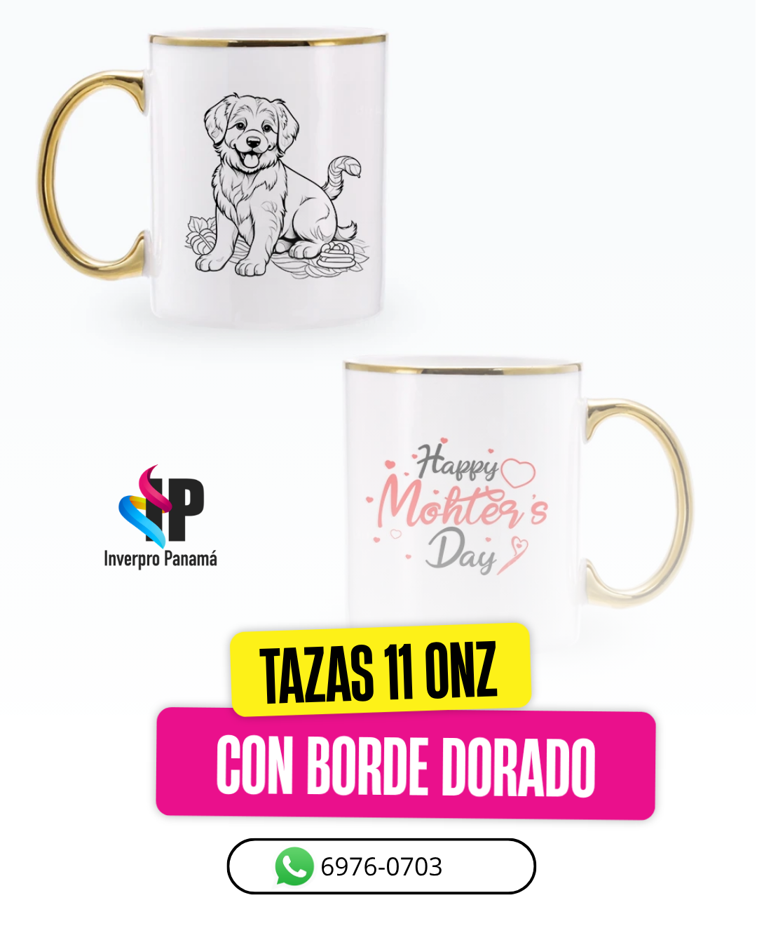 TAZA SUBLIMABLE PORCELANA 11OZ BORDE Y ASA DORADO